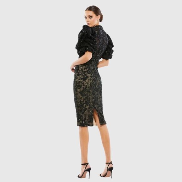 $598 Mac Duggal 12440 Size 10 Black Floral Lace Puff Sleeve V-Neck Midi Dress - Picture 4 of 11